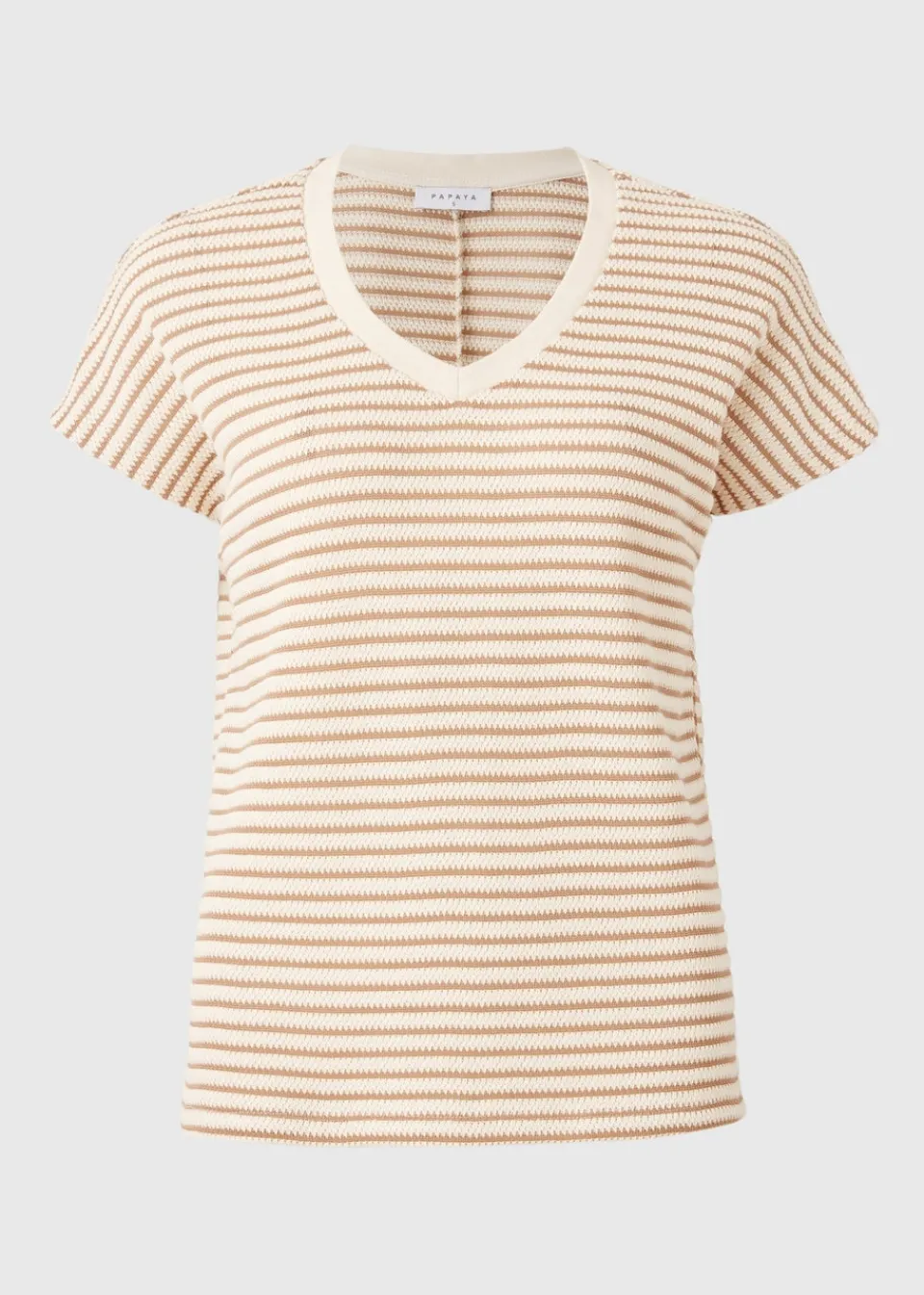 T-Shirts>Papaya Beige Stripe Textured V Neck Co Ord Top