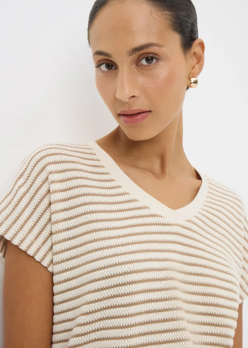T-Shirts>Papaya Beige Stripe Textured V Neck Co Ord Top