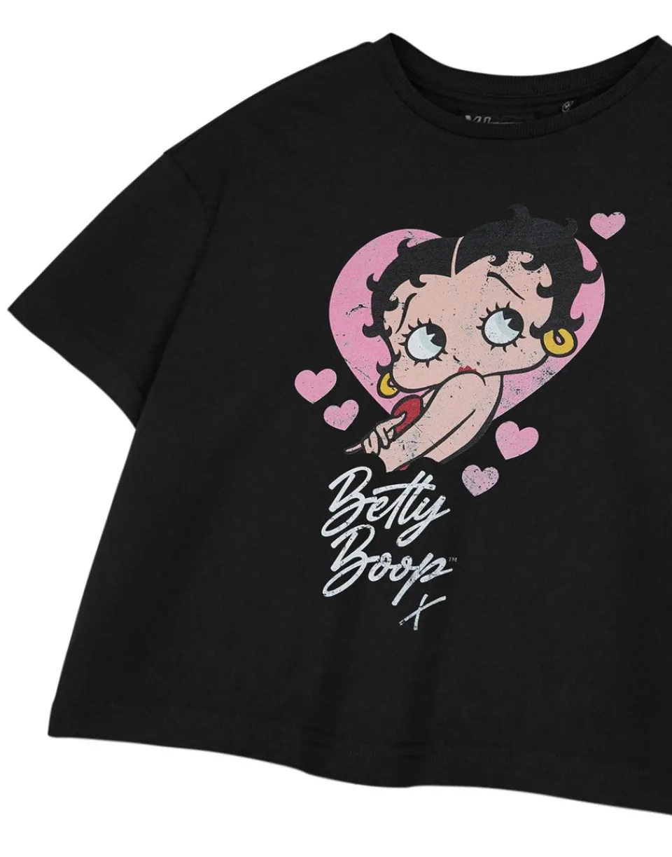 T-Shirts>Betty Boop Heart Black Cropped Short Sleeved T-Shirt