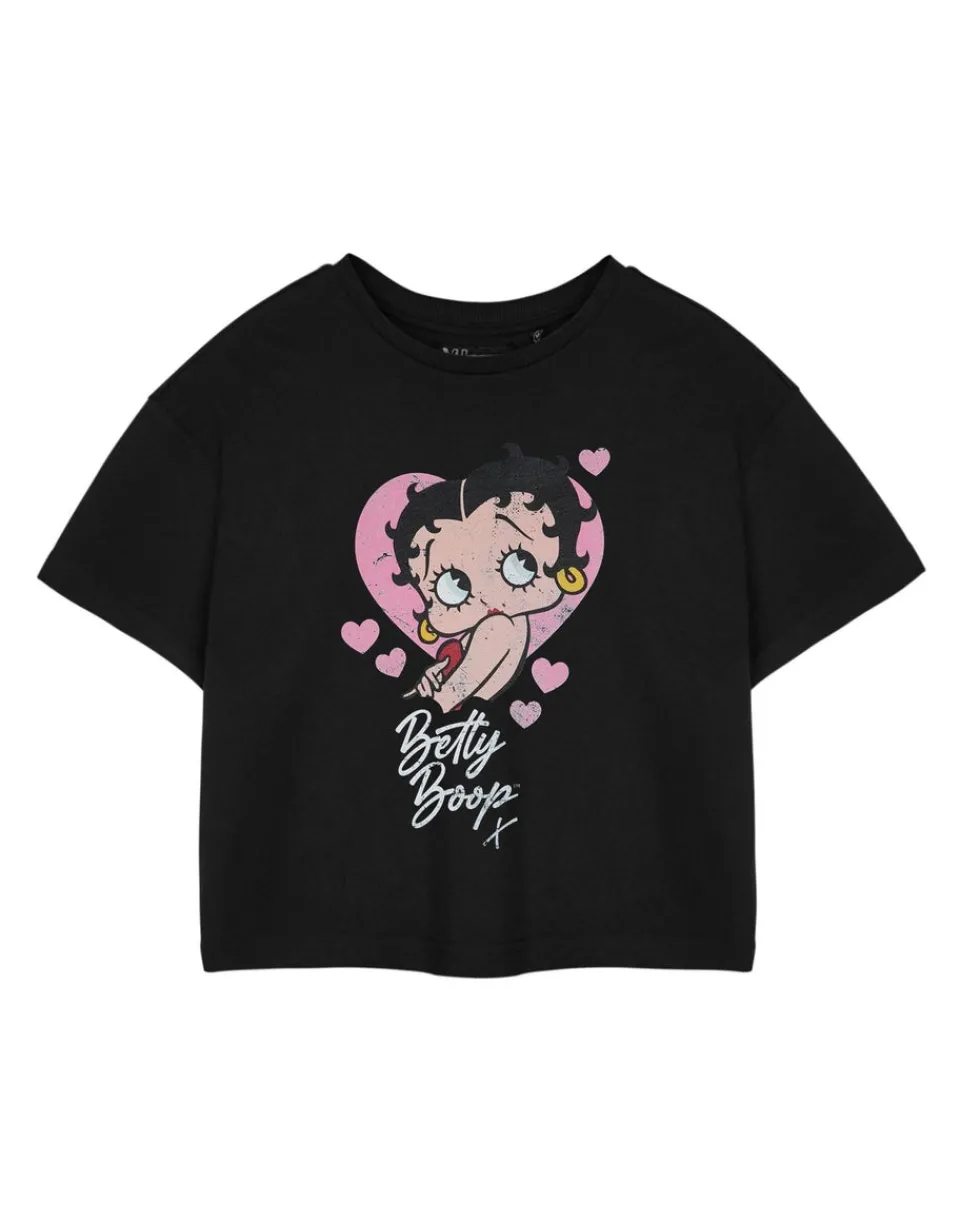 T-Shirts>Betty Boop Heart Black Cropped Short Sleeved T-Shirt