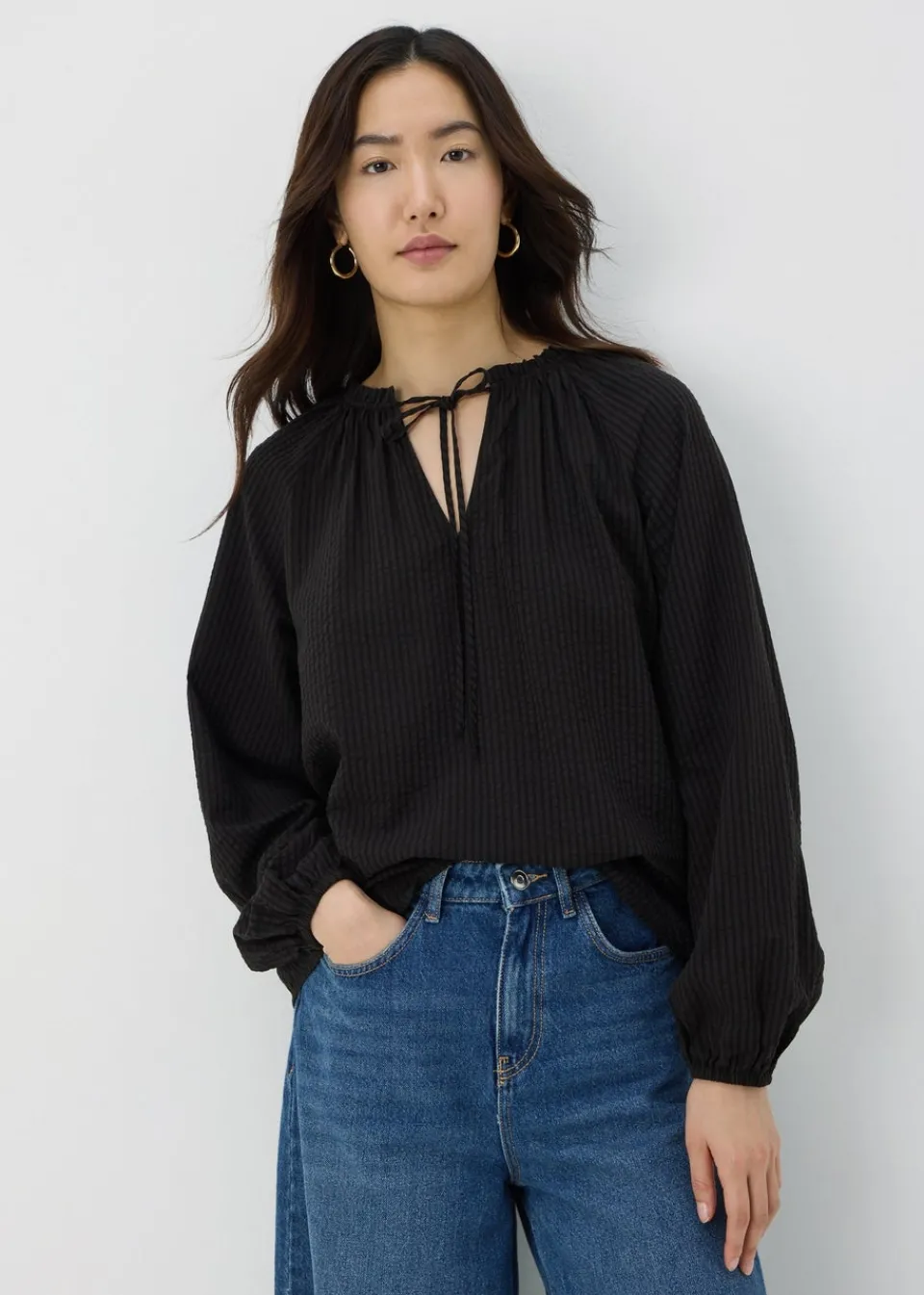 Blouses & Shirts>Papaya Black Boho Tie Neck Blouse