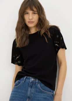 T-Shirts>Papaya Broderie Raglan Sleeve T-Shirt Black