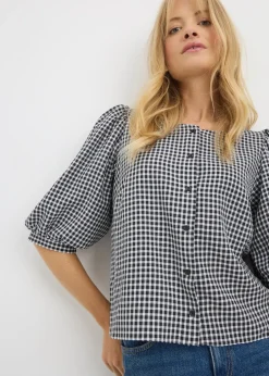 Tops>Papaya Black Check Button Gingham Blouse