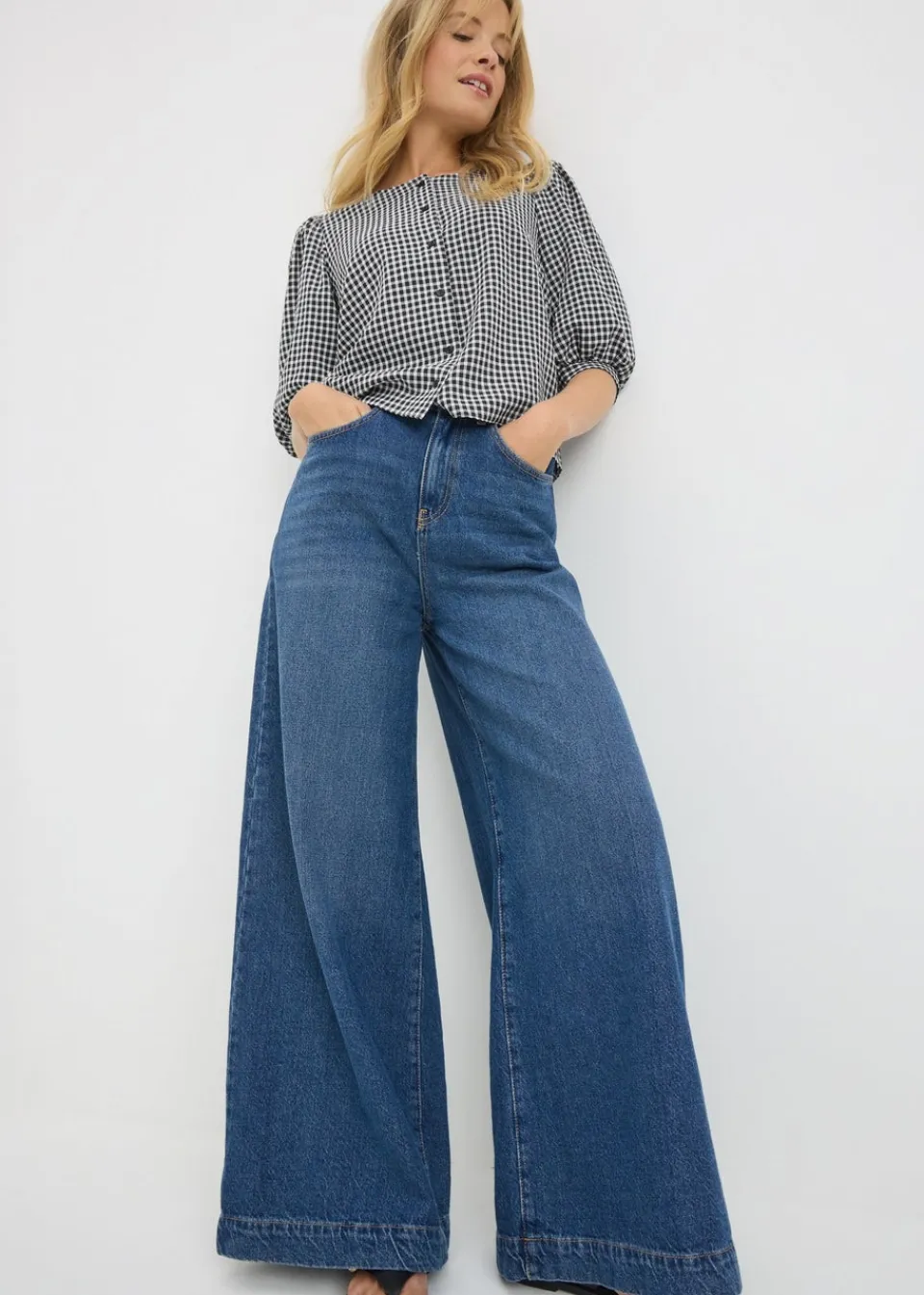 Tops>Papaya Black Check Button Gingham Blouse