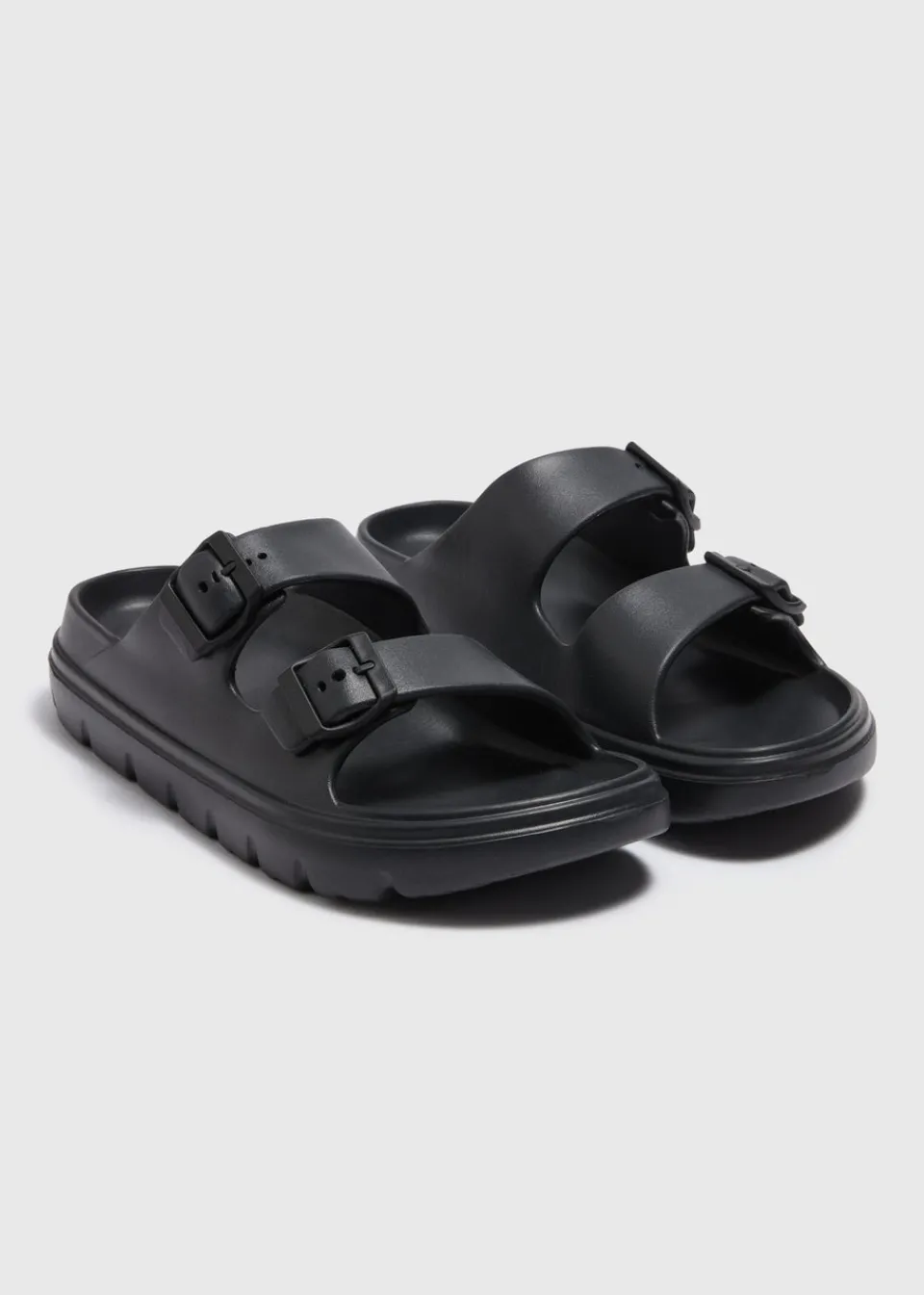 Footwear>Papaya Black Chunky Double Buckle Sliders