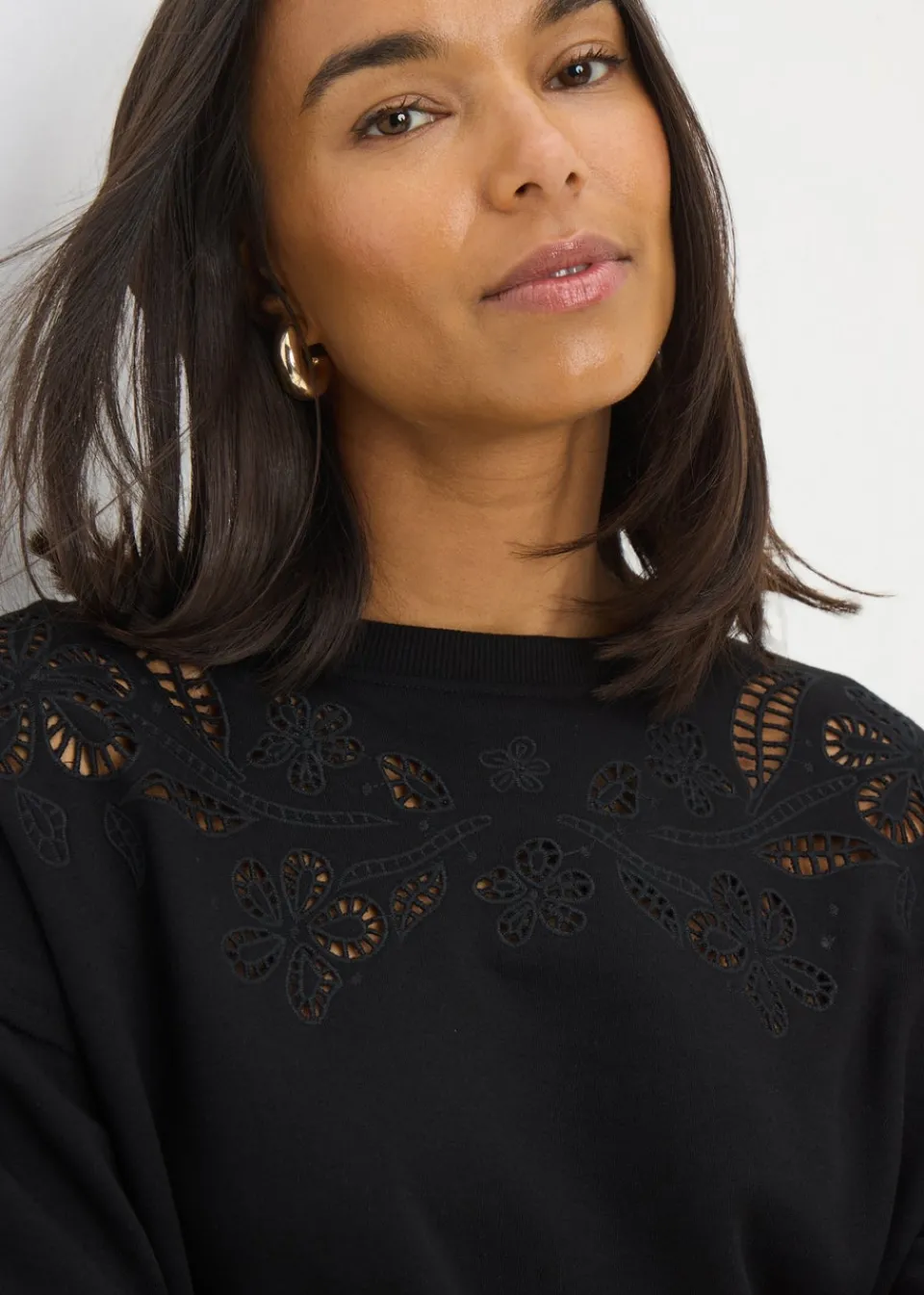 Tops>Papaya Black Cutout Floral Sweatshirt
