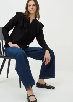 Tops>Papaya Black Double Ruffle Neck Blouse