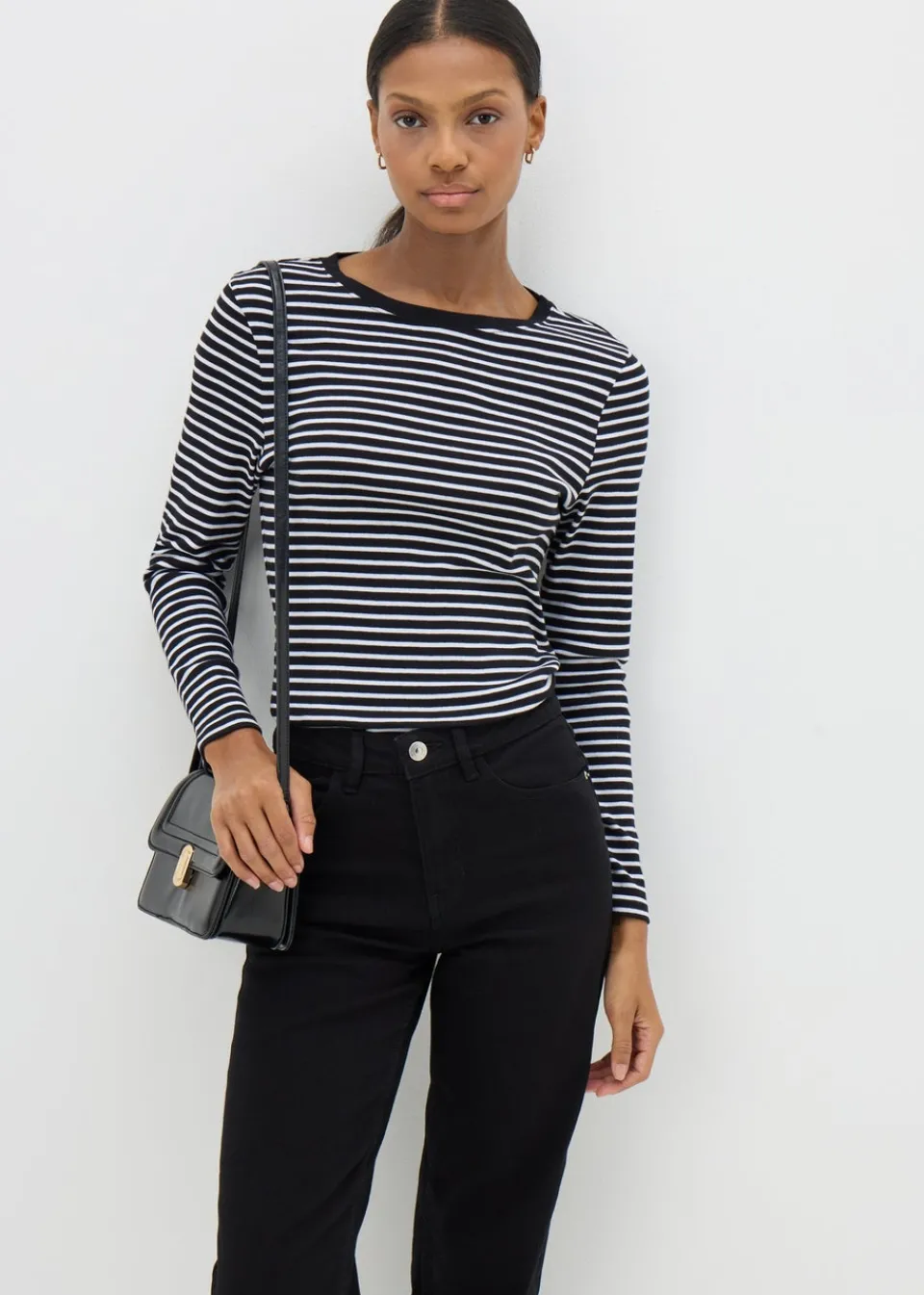 T-Shirts>Papaya Black Fitted Long Sleeve Stripe Top