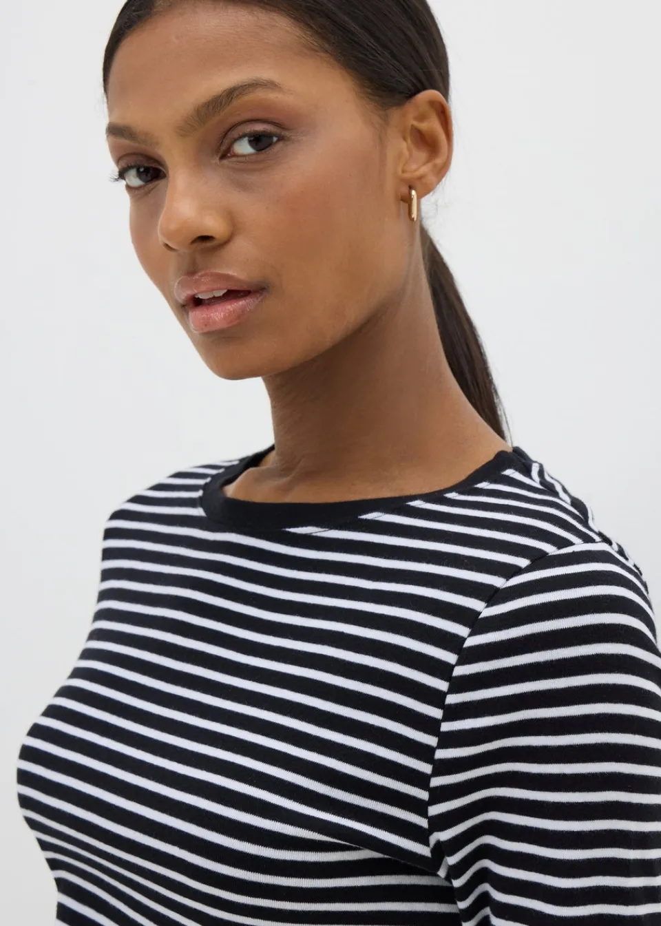 T-Shirts>Papaya Black Fitted Long Sleeve Stripe Top