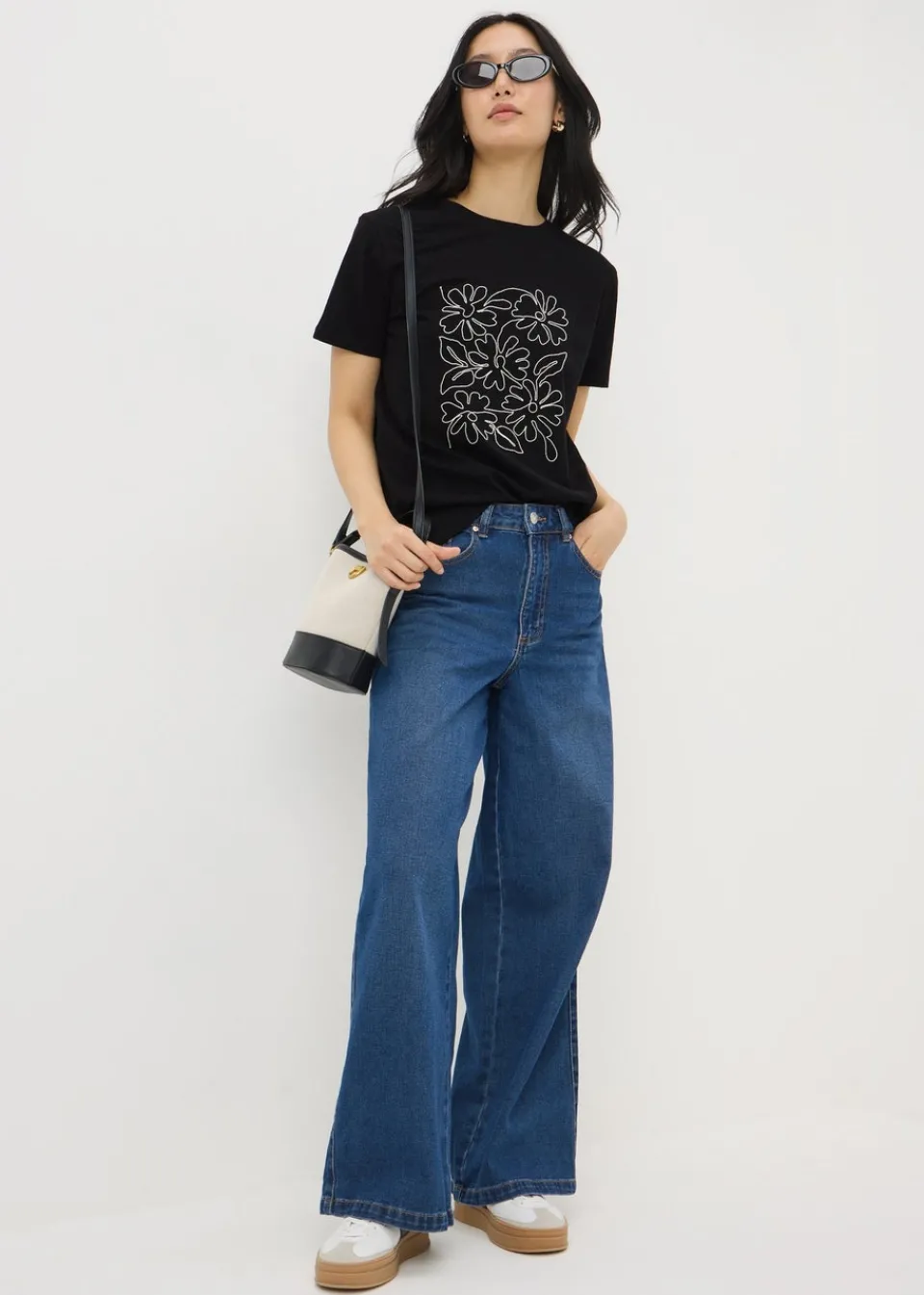 T-Shirts>Papaya Black Floral Embroidered T-Shirt