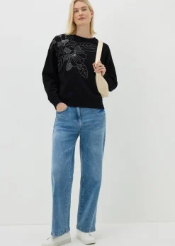 Tops>Papaya Black Floral Stitch Sweatshirt
