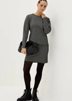 T-Shirts>Papaya Black Jacquard Long Sleeve Top