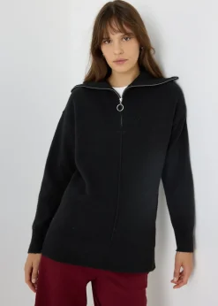 Tops>Papaya Knitted Half Zip Jumper Black