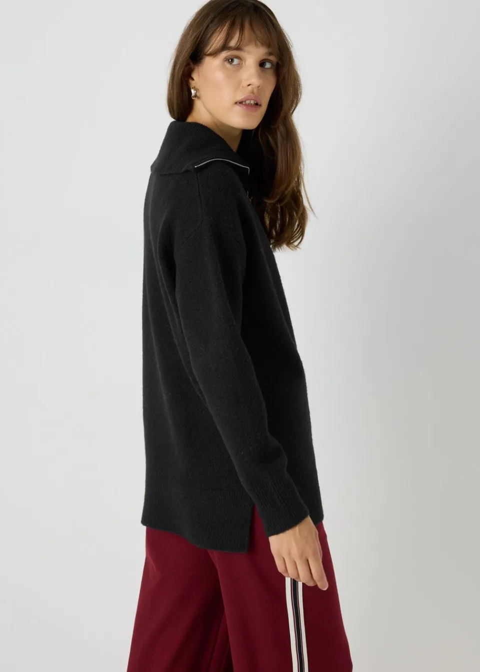 Tops>Papaya Knitted Half Zip Jumper Black
