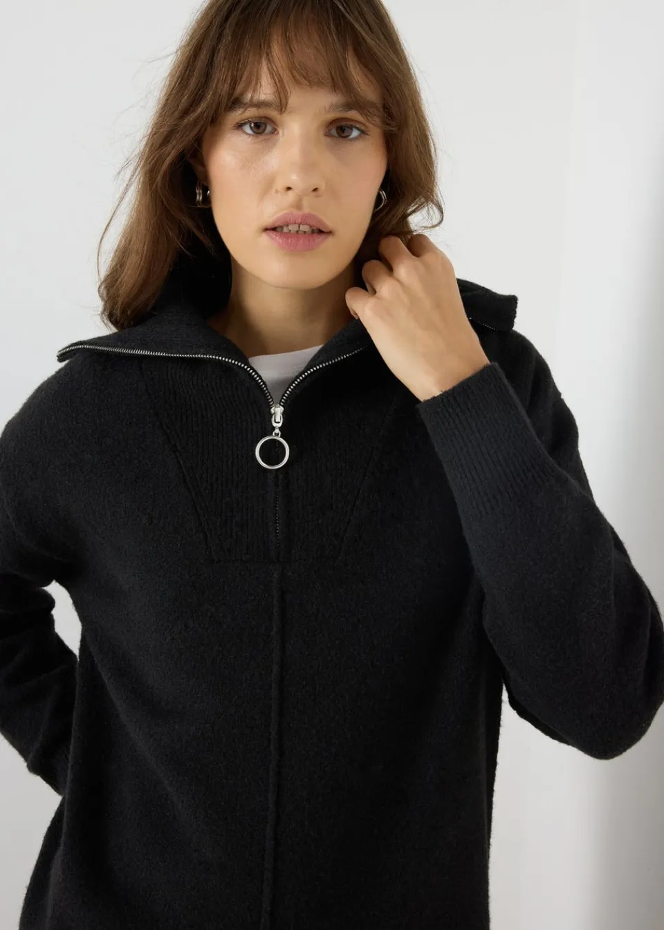 Tops>Papaya Knitted Half Zip Jumper Black