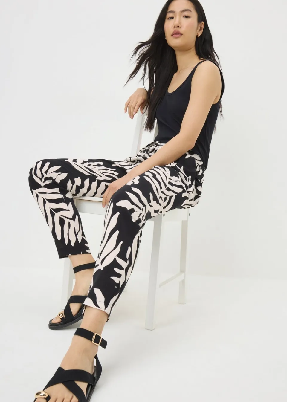 Trousers>Papaya Black Leaf Tapered Trousers