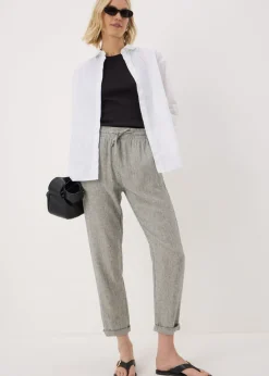 Trousers>Papaya Black Linen Blend Stripe Tapered Trousers