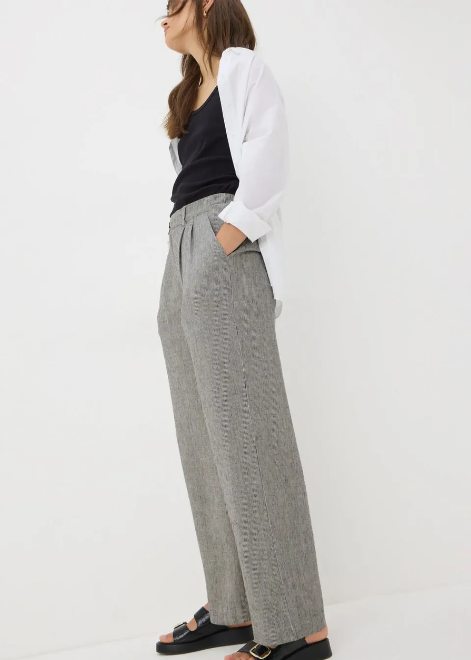 Trousers>Papaya Black Mono stripe Linen Trousers