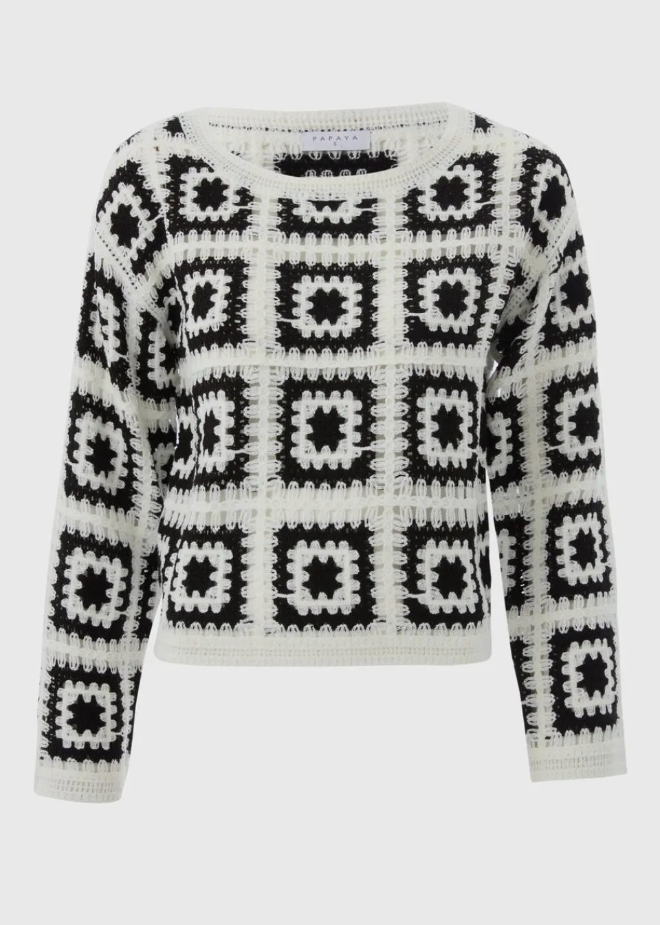 Tops>Papaya Monochrome Patchwork Crochet Jumper Black