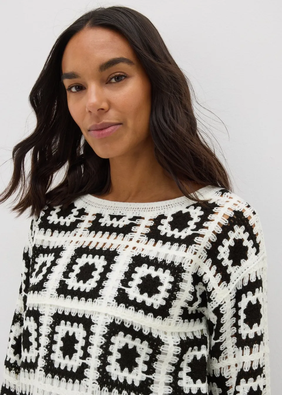 Tops>Papaya Monochrome Patchwork Crochet Jumper Black