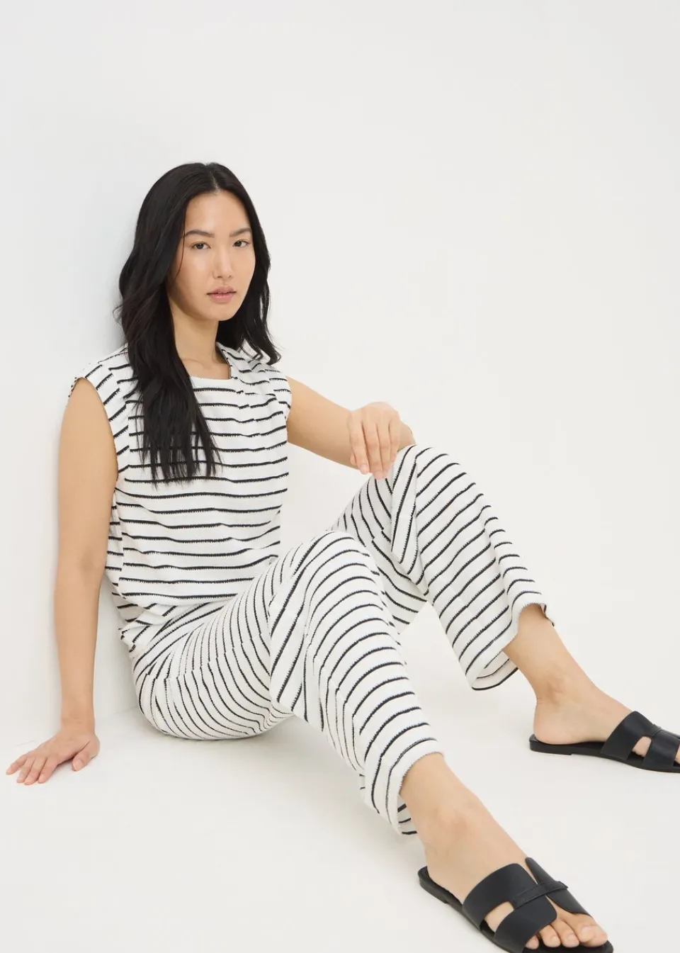 Trousers>Papaya Holiday Black Monochrome Stripe Towelling Wide Leg Trousers