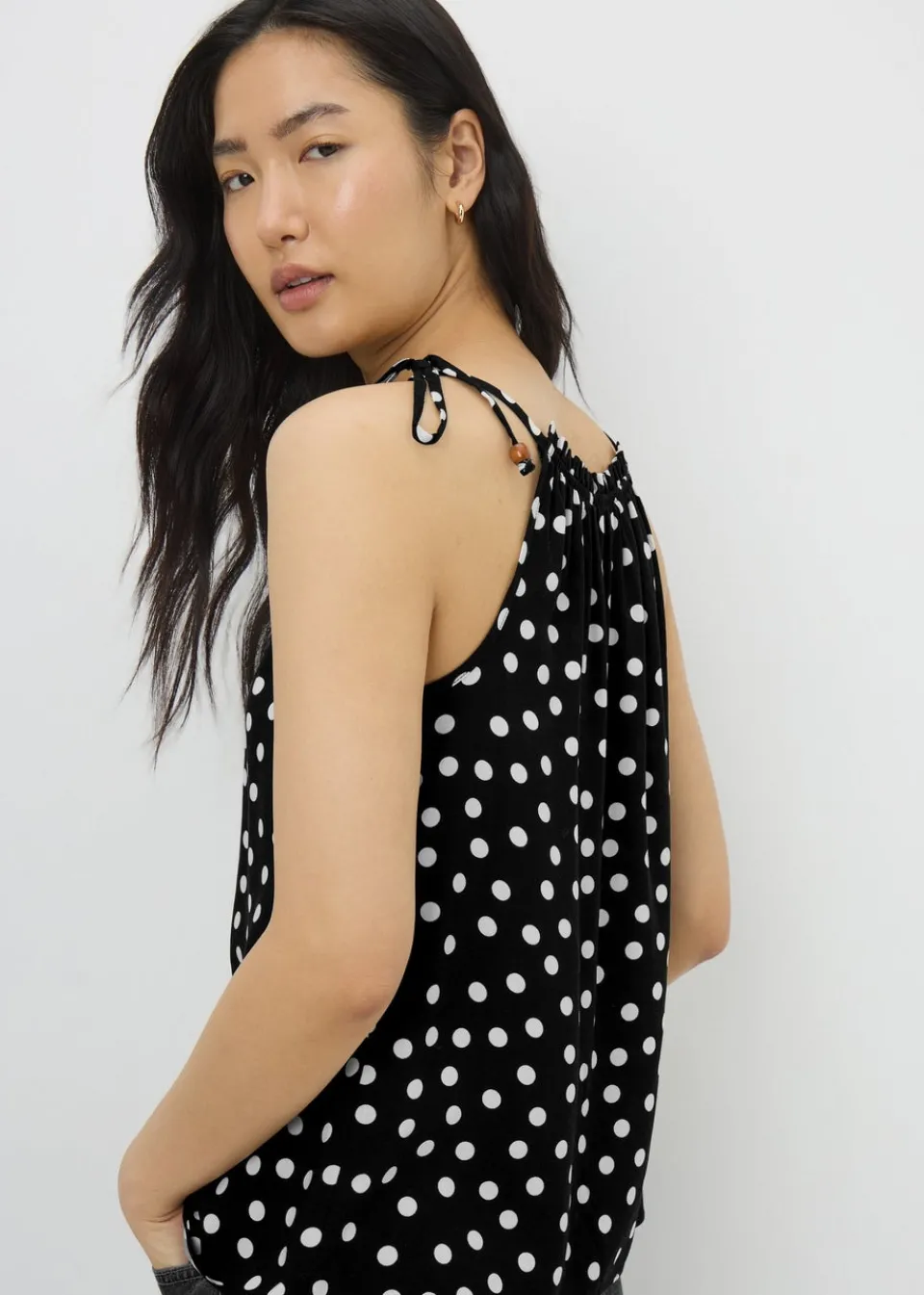 Tops>Papaya Black Polka Dot High Neck Tie Cami Top