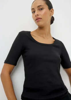 T-Shirts>Papaya Black Ribbed Scoop Neck Top