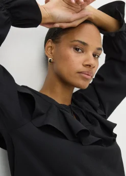 Tops>Papaya Black Ruffle Tie Neck Blouse