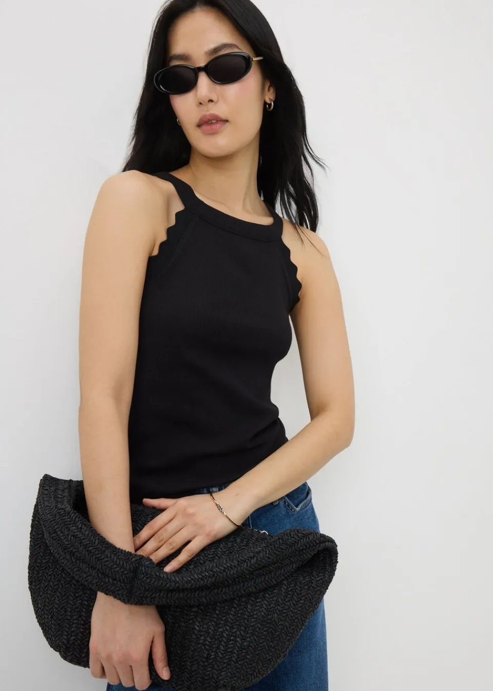 Tops>Papaya Scalloped Edge Racer Back Vest Top Black