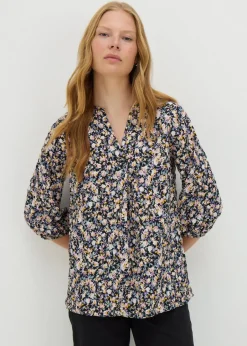 Tops>Papaya Black Seersucker Floral V-Neck Blouse