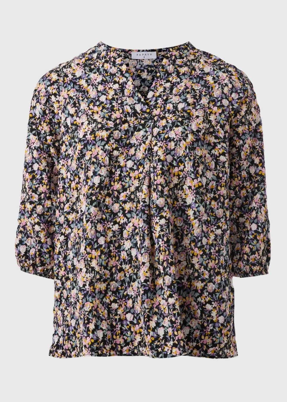 Tops>Papaya Black Seersucker Floral V-Neck Blouse