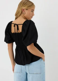 Tops>Papaya Black Shirred Tie Back Blouse