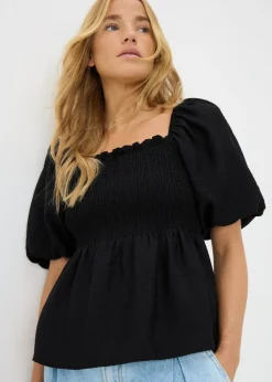 Tops>Papaya Black Shirred Tie Back Blouse