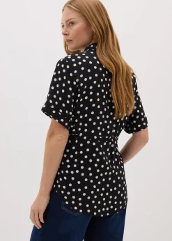 Tops>Papaya Black Spot Tie Waist Longline Shirt
