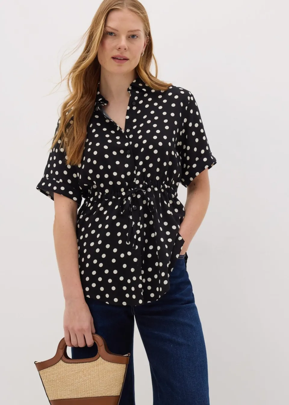 Tops>Papaya Black Spot Tie Waist Longline Shirt