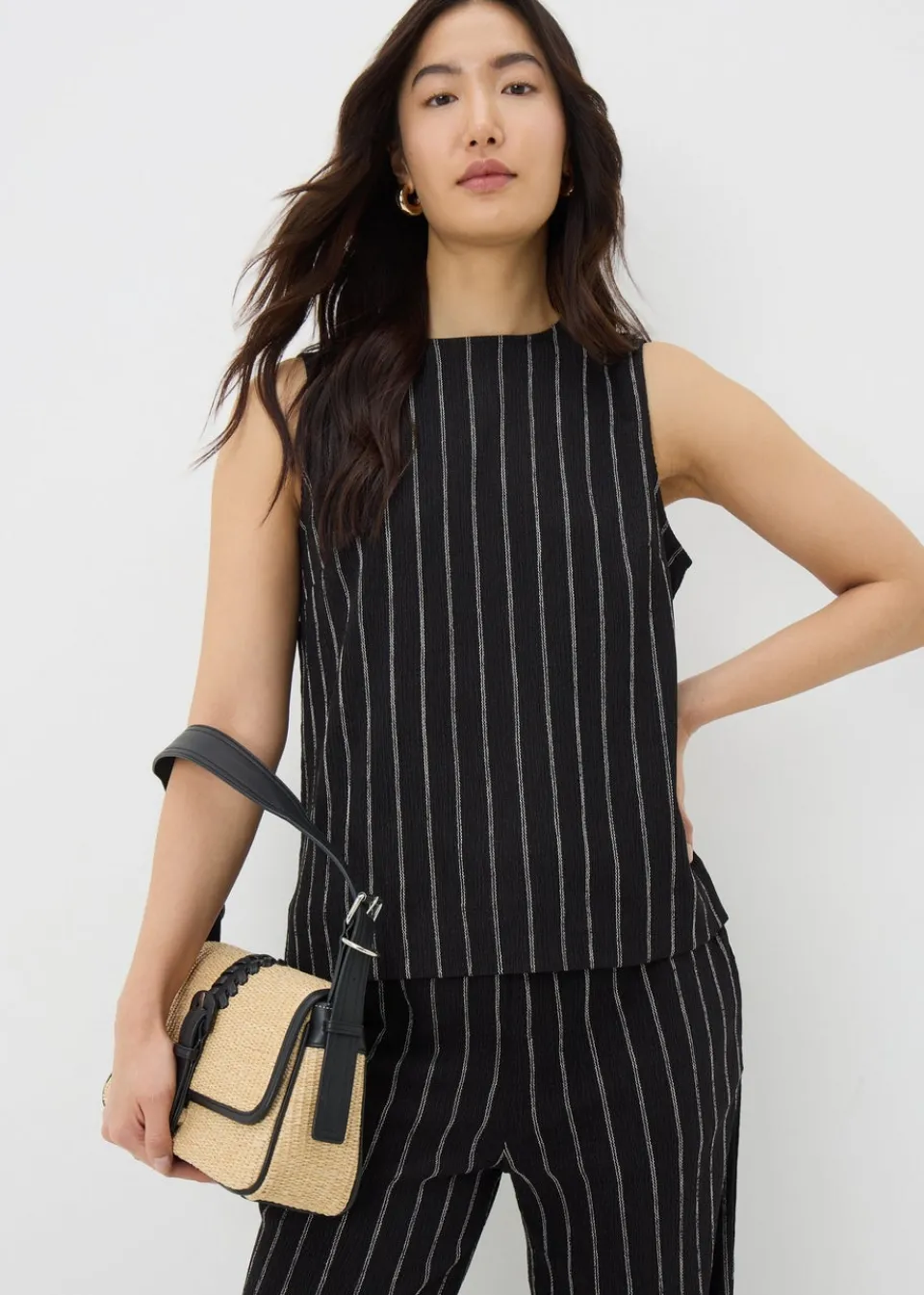 Tops>Papaya Black Stripe Button Back Co Ord Vest