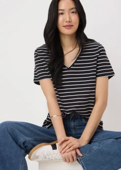 T-Shirts>Papaya Black Stripe V-Neck Regular Fit T-Shirt