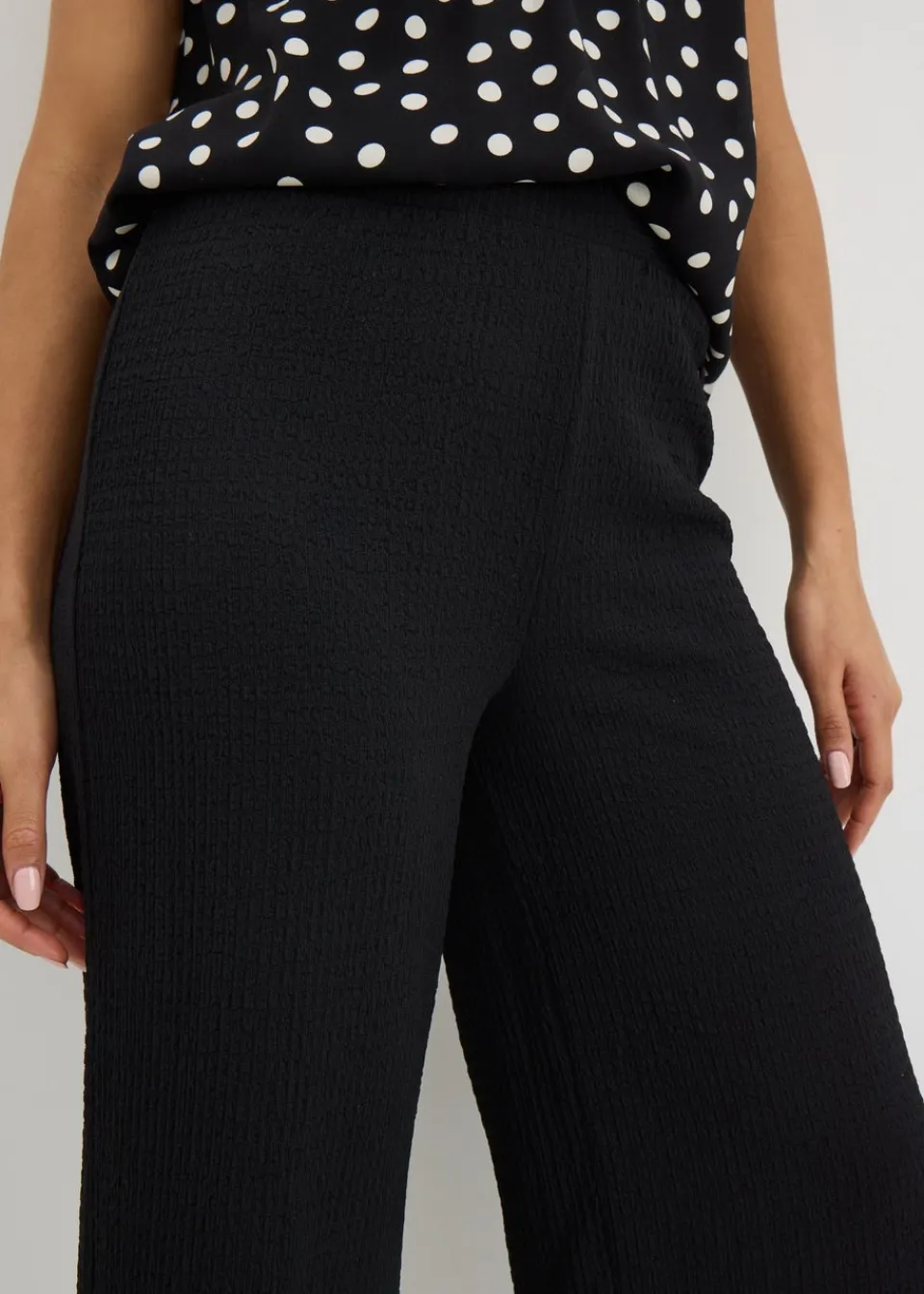 Trousers>Papaya Black Textured Cropped Wide Leg Trousers