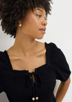 Tops>Papaya Black Textured Gypsy Top