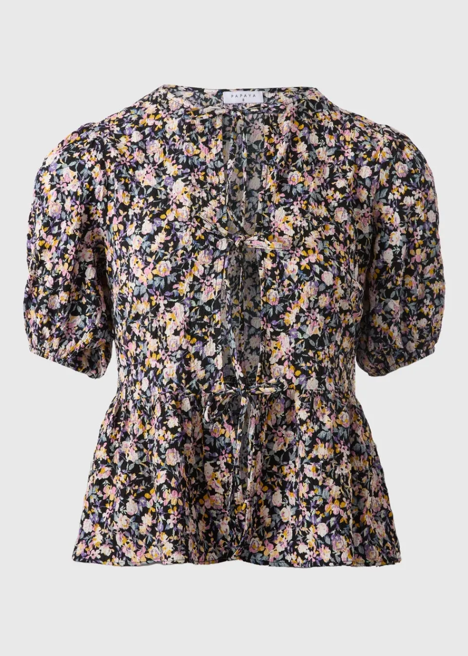 Tops>Papaya Black Tie Front Peplum Floral Blouse