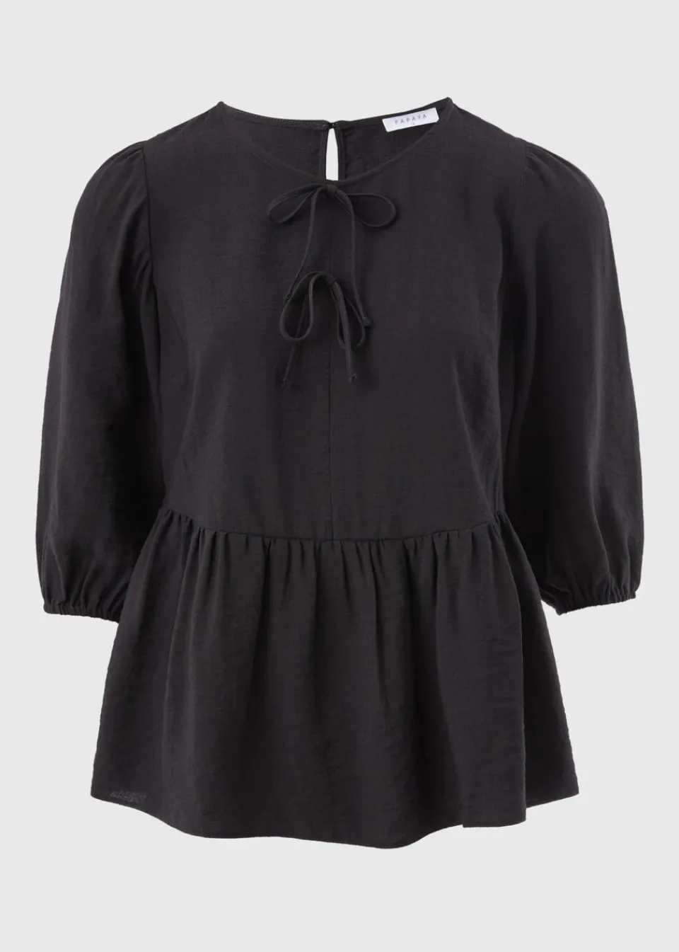 Blouses & Shirts>Papaya Black Tie Neck Peplum Blouse