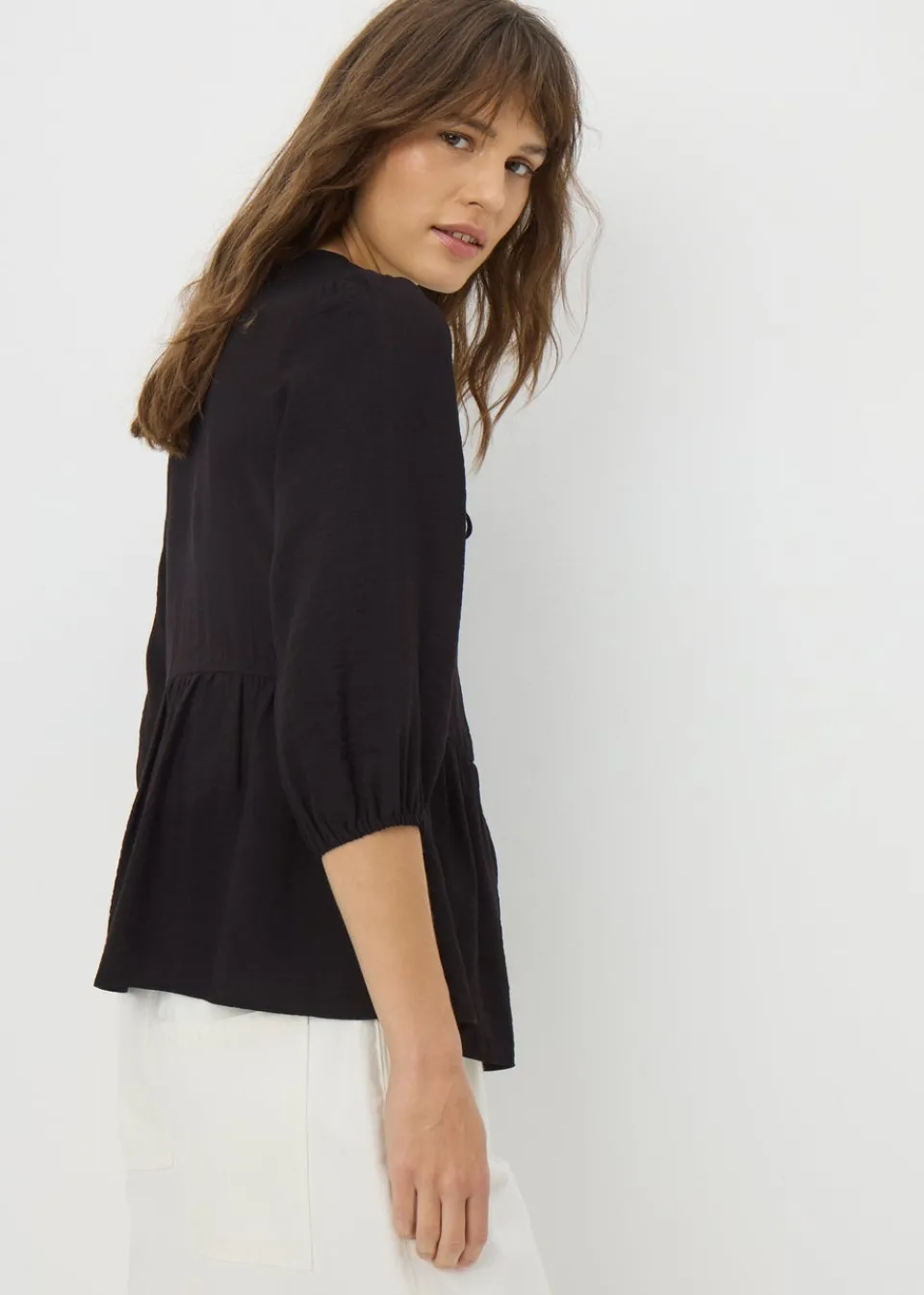 Blouses & Shirts>Papaya Black Tie Neck Peplum Blouse