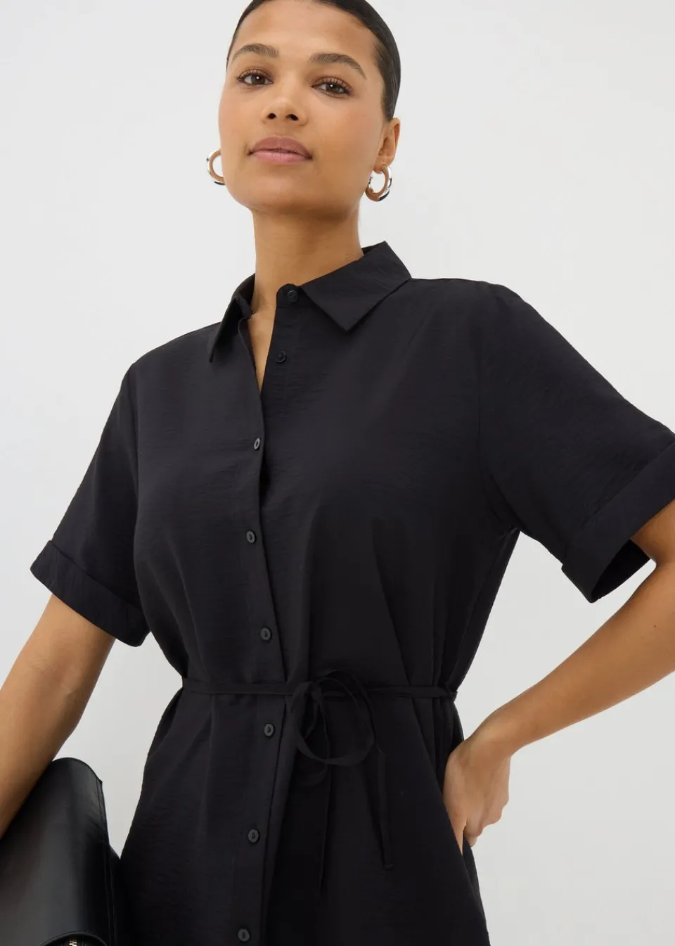 Tops>Papaya Black Tie Waist Longline Shirt