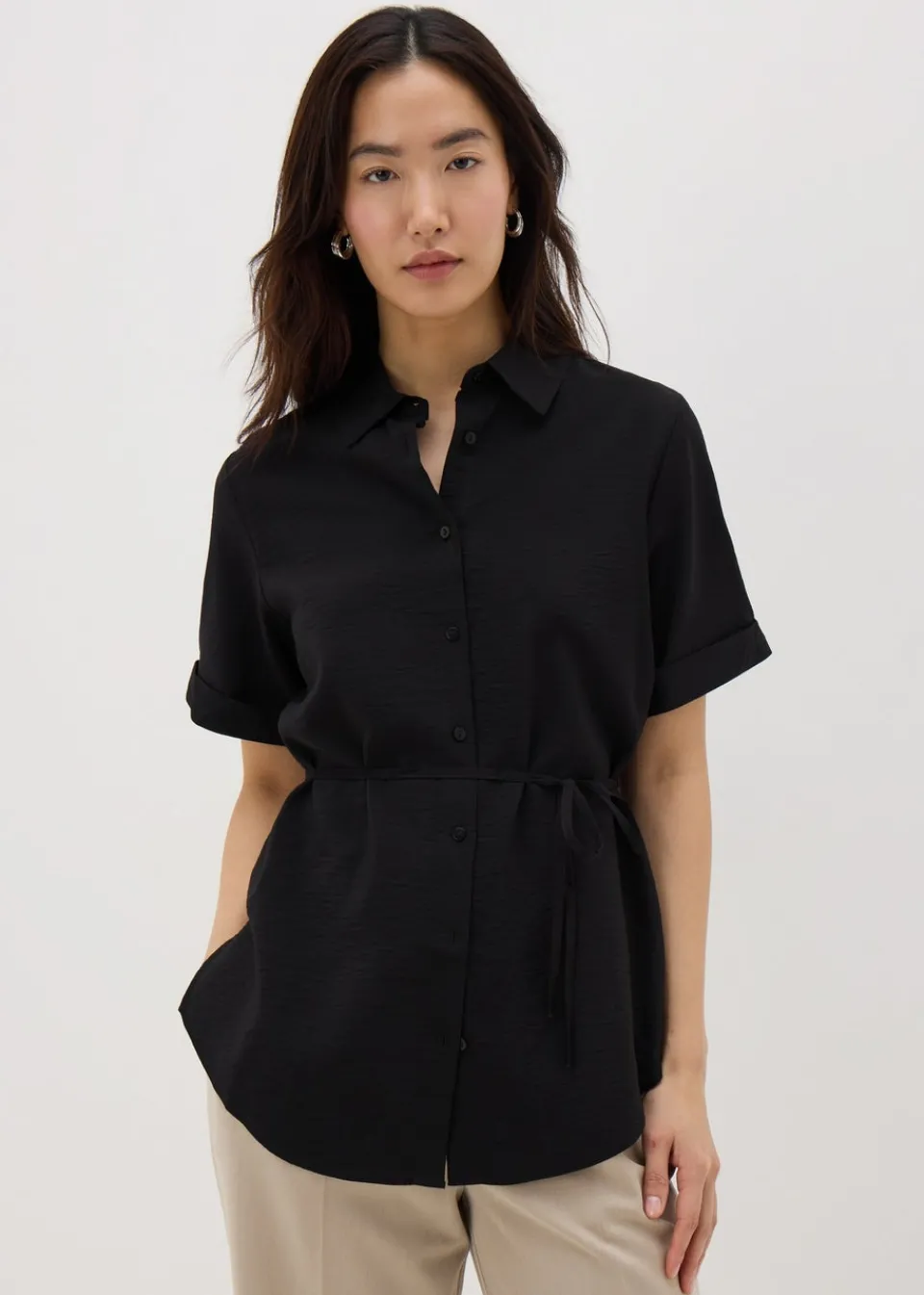 Tops>Papaya Black Tie Waist Longline Shirt