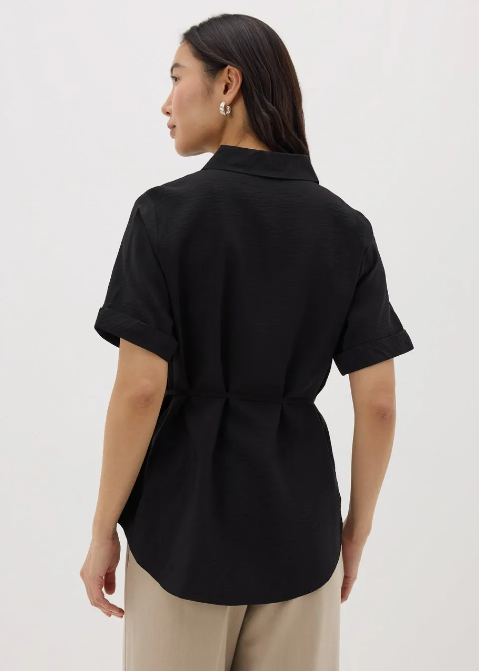 Tops>Papaya Black Tie Waist Longline Shirt