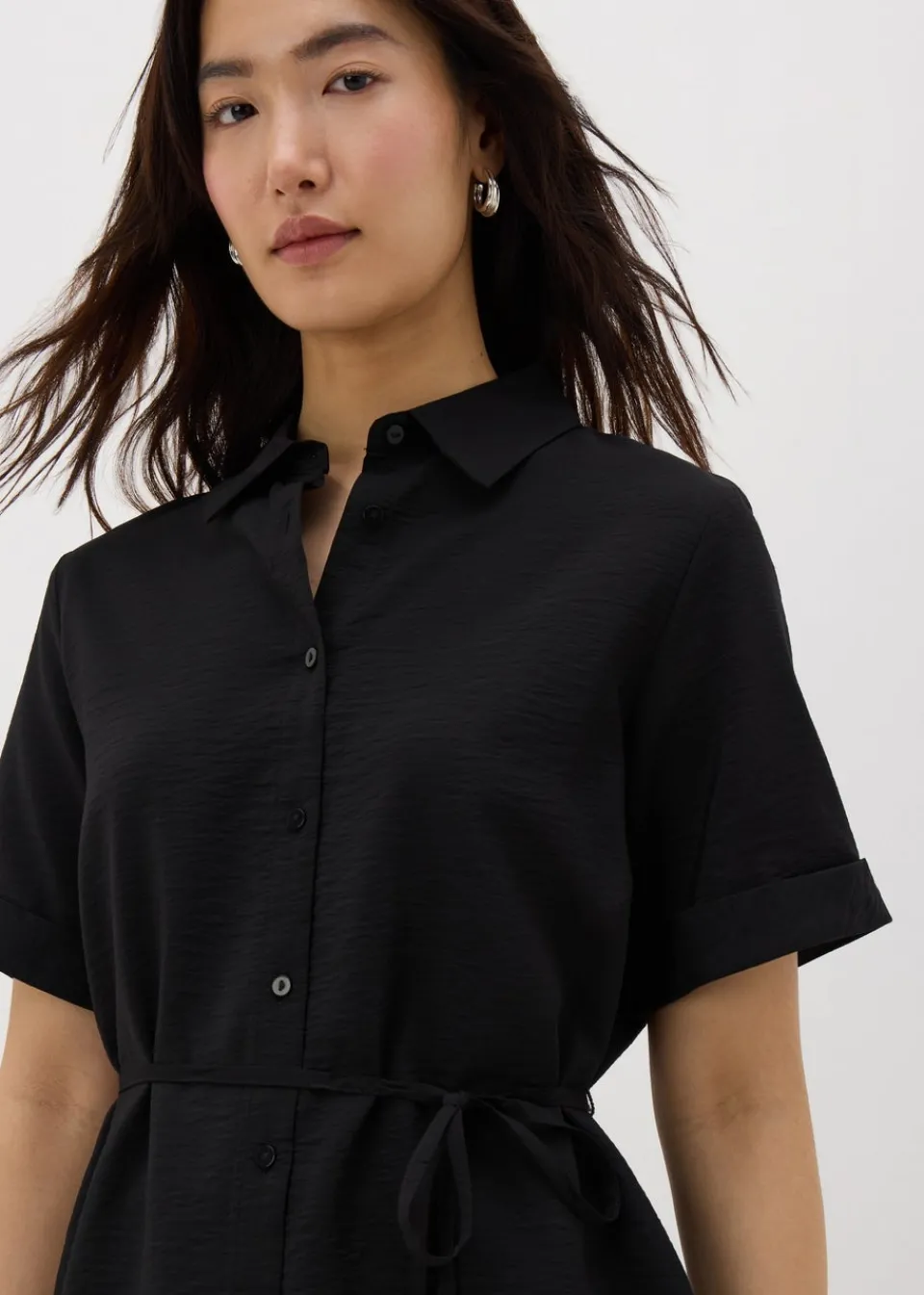 Tops>Papaya Black Tie Waist Longline Shirt