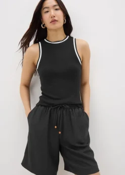 Shorts>Papaya Black Tie Waist Shorts