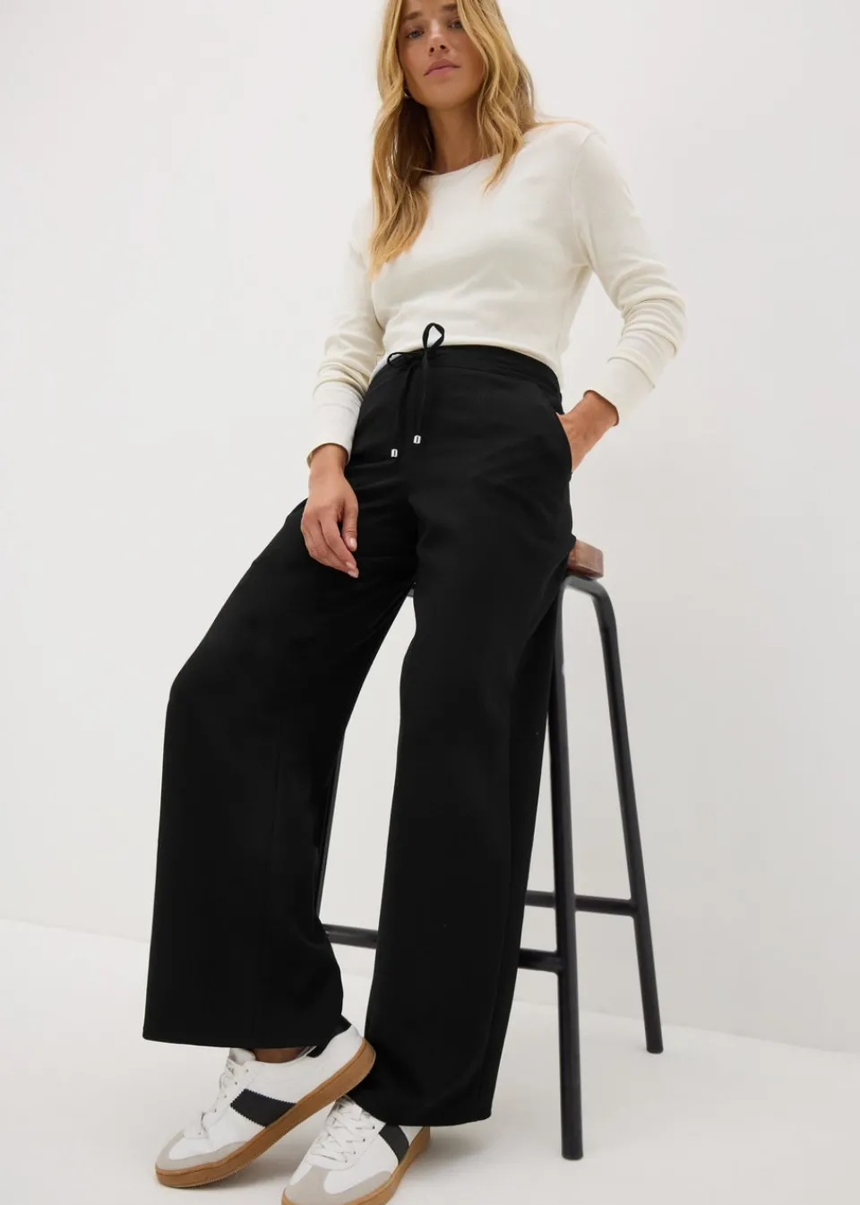 Trousers>Papaya Black Wide Leg Drawstring Trousers