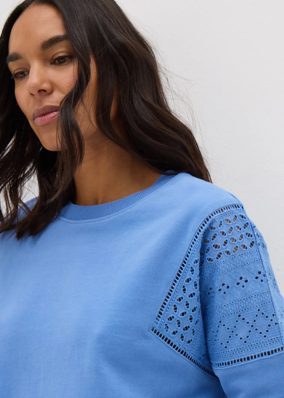 Tops>Papaya Blue Broderie Anglaise Detail Sweatshirt
