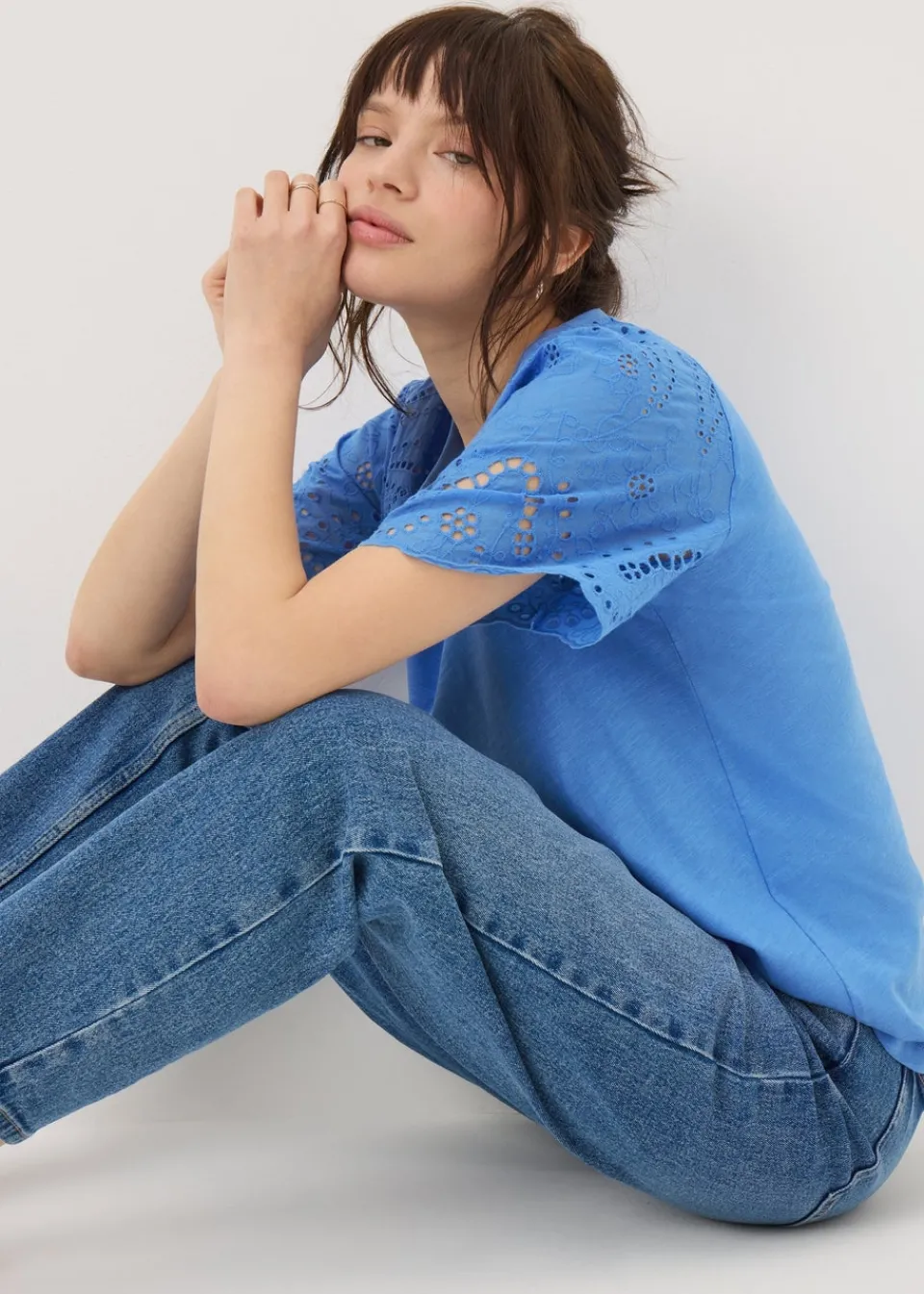 T-Shirts>Papaya Broderie Anglaise Raglan Sleeve T-Shirt Blue